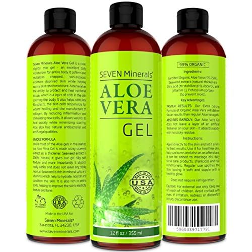 Seven Minerals Aloe Vera Gel - 99% Organic, Big 12 oz - NO XANTHAN, so it Absorbs Rapidly with No Sticky Residue - made from REAL JUICE, NOT POWDER (Pack of 2)