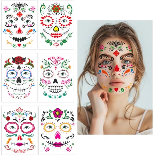 Ceiba Tree Day of Dead Glitter Tattoos 6 Sheets Halloween Temporary Sugar Skull Face Tattoos Floral Skeleton Full Face Mask Stickers for Women Adult Halloween Party Favor Supplies Decorations