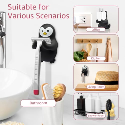 Animal Razor Holder for Shower, Cute Penguin Safety Razor Stand for Women Men, Razor Hanger for Family, Funny Shaver Holder for Friend Sister, Towel Squeegee Shaver Hooks for Bathrooms Wall C