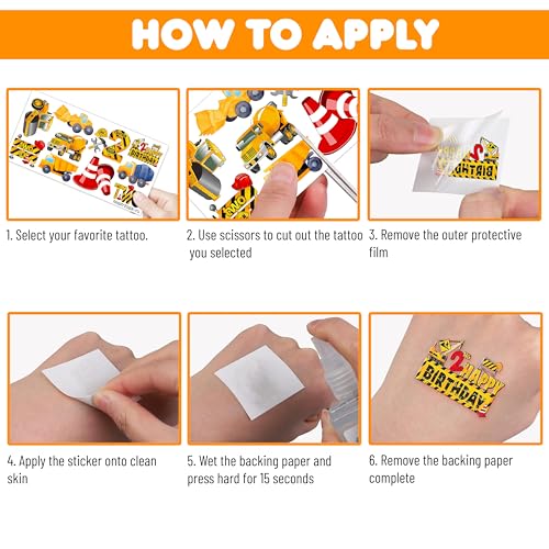 100 PCS Construction 2nd Temporary Tattoos Birthday Party Decorations Favors Supplies Trucks Tractor Two Years Old Vehical Excavator Bulldozer Stickers Gifts For Boys Classroom School Prizes Reward