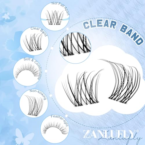 Natural Lash Clusters Kit Invisible Band Eyelash Clusters DIY Lash Extension Kit Wispy Eyelash Extension Kit Clear Band Cluster Lashes with Lash Glue, Brush and Tweezers by ZANLUFLY(8-16mm)