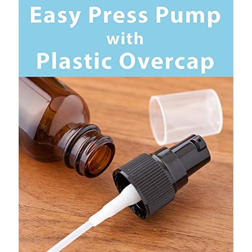 JUVITUS 1 oz / 30 ml Amber Glass Boston Round Bottle with Black Treatment Pump (6 Pack) + Funnel Refillable Empty Storage Containers