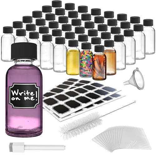 Nevlers Clear 2 Oz Glass Bottles with Lids 48 Pack | 59mL Juice Shot Bottles with Caps for Immunity & Wellness Shots, Ginger, Vanilla Extract, Perfume | Leakproof Travel Shot Bottle Set w/Accessories