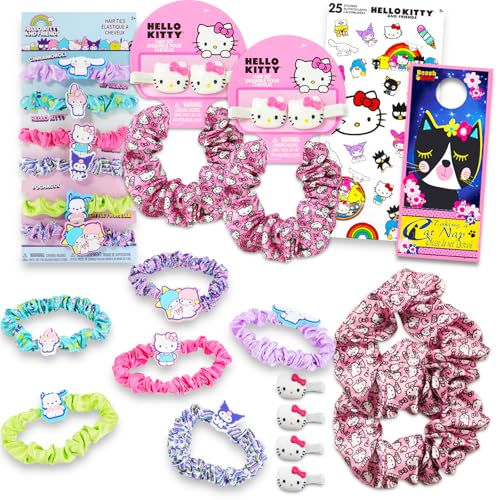 Hello Kitty Scrunchie Set - My Melody, Kuromi and Cinnamoroll Bundle with 8 Scrunchies, 4 Hair Clips, Stickers, More | Hello Kitty Hair Ties for Girls