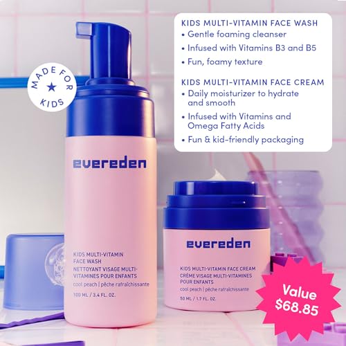 Evereden Happy Kids Skin & Lips Routine - Multi-Vitamin Face Wash & Face Cream Peach & Tinted Lip Oil Sakura Pink Set - Clean & Vegan Skin Care for Kids 3+ - Moisturizing, Nourishing, & Protective