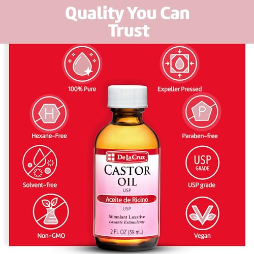 De La Cruz Castor Oil - 100% Pure Expeller Pressed Castor Oil for Nourishing Skin, Hair, Eyelashes, and Eyebrows - Natural Laxative USP Grade, 2 FL Oz (2 Bottles)