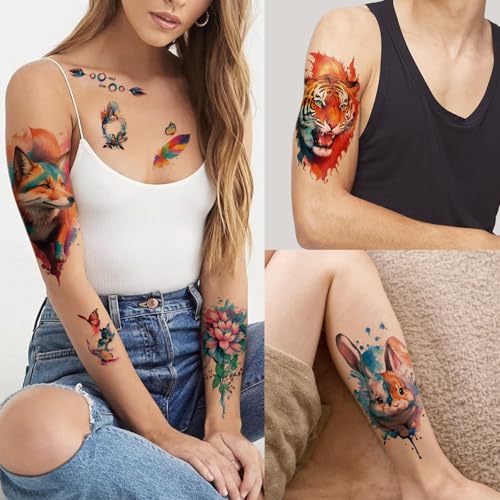 77 PCS Temporary Tattoos Adult Kids, 17 PCS Half Sleeve Flower Lion Tiger Wolf Cat Owl Parrot Large Fake Tattoos, 60 PCS Tiny Waterproof Realistic Body Tattoos Stickers for Women Girls