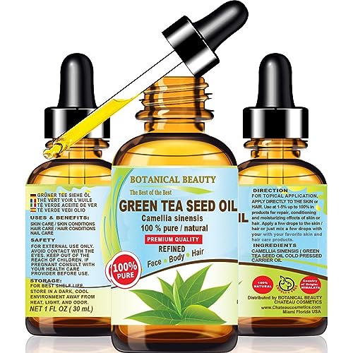 Botanical Beauty GREEN TEA SEED OIL Camellia Sinensis Oil 100% Pure Natural Undiluted Cold Pressed Carrier Oil for Face, Skin, Hair, Nails, Rich in Vitamin C, Vitamin E (1 Fl Oz)