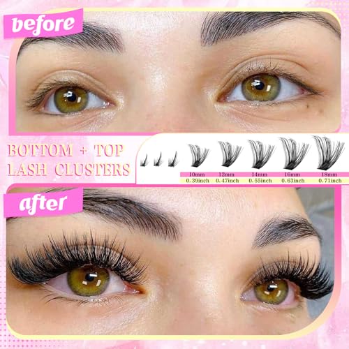 2 Pack Lash Clusters Kit, 44 Top Styles of Wispy Manga Lashes (10-18mm), 8 Bottom Lash Rows, Volume Lash Book Set with Glue, Brush Tweezers, Fluffy Natural Look All in One