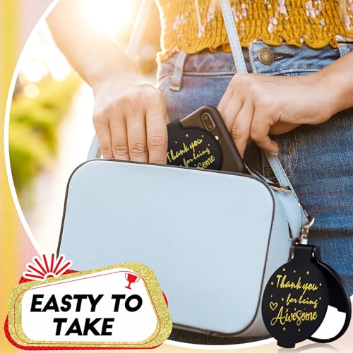 Huwena 100 Pcs Compact Mirror Bulk Inspirational Pocket Small Round Portable Folding Makeup Purse Mirror Employee Appreciation Gifts for Christmas Women Girls Coworkers Travel(Black,Thank)