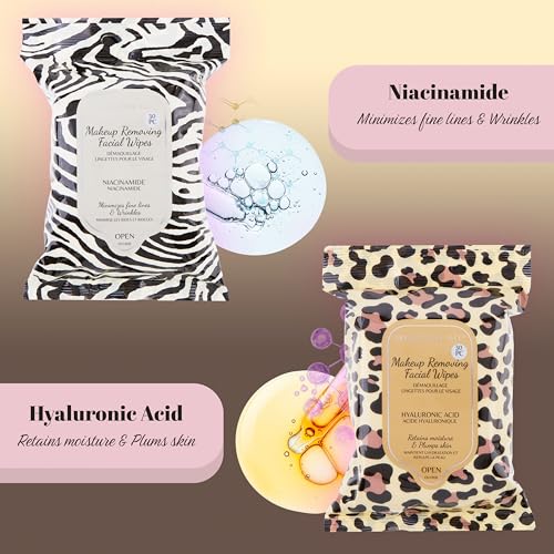 120pc Makeup Removal Wipes Variety Set | 4-Pack Skincare-Infused Makeup Remover Facial Cleansing Towelettes with Hyaluronic Acid, Niacinamide, Collagen, & Lactic Acid