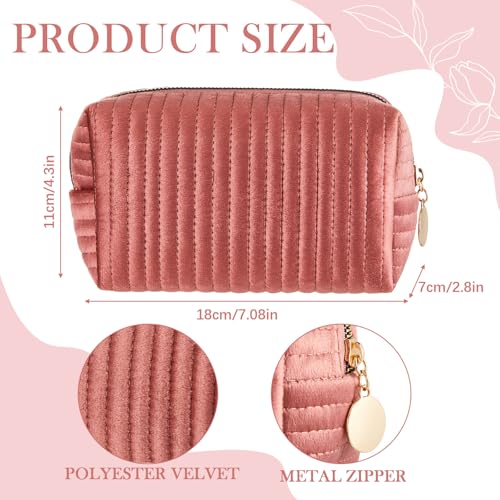 6 Pieces Plush Velvet Cosmetic Bags with Gold Zipper Terry Quilted Makeup Bag Coquette Toiletry Organizer Bridesmaid Proposal Gifts for Wedding Bachelorette Party(Pink)