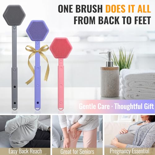 Silicone Back Scrubber for Shower ? 21in Extendable Shower Brush with Long Handle ? Dual-Sided Back Brush with Non-Slip Grip, Gentle Cleansing & Exfoliation for Men, Women, Elderly (Pink)