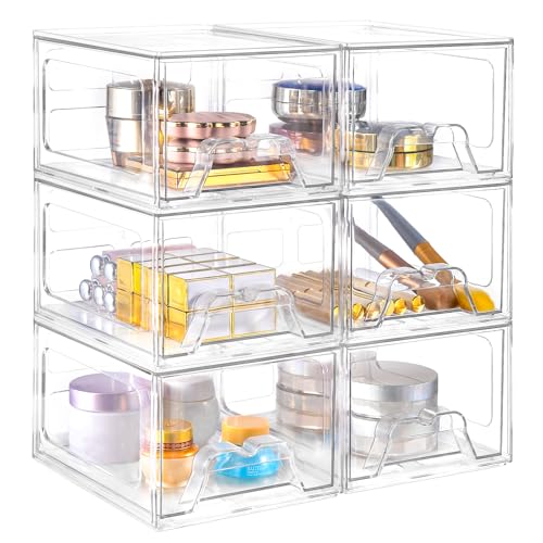 6 Pack Stackable Makeup Organizer, 4.4'' Tall Acrylic Bathroom Makeup Organizer and Storage Drawer with Pull-out Handle, Clear Plastic Storage Bins for Vanity,Pantry,Desk,Undersink,Kitchen