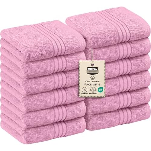 Utopia Towels Wash Cloths Set, 12 by 12 Inches, 100% Cotton Ring Spun, Highly Absorbent and Soft Feel Washcloths for Bathroom, Spa, Gym, and Face, 12 Pack Pink