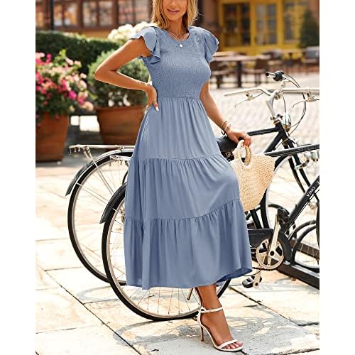 BTFBM Women Casual Short Sleeve Crew Neck Summer Dress Bohemian Floral Printed Flowy Maxi Dresses Tiered Cocktail Dress