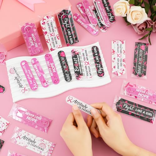 200 Pack Breast Cancer Awareness Accessories Bulk Nail Files Items, Pink Ribbon Emery Board Gifts for Breast Cancer Survivor Women Party Favors Giveaways