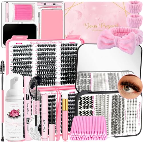 DIY Lash Extension Kit 802Pcs with Bottom Lashes Lash Bond and Seal,Quick Glue Remover Lash Shampoo Cleansing Brush Headband Wristband Tweezers Eyelash Brush Mini Applicato
