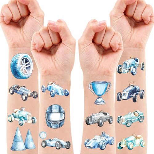 105 PCS Blue Race Car Temporary Tattoos Birthday Party Decorations Favors Supplies Watercolor Racing Car Themed Blue Checkered Flags Wheel Stickers Gifts For Girls Boys Classroom School Prizes Reward