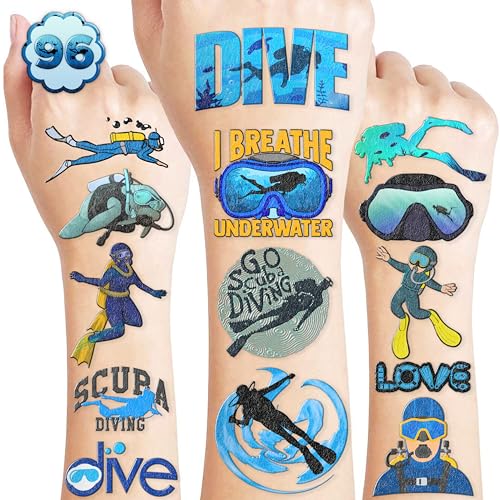 96PCS Cool Scuba Diving Temporary Tattoos Ocean Summer Beach Birthday Party Favors Decorations Supplies Decor Underwater Sports Tattoo Stickers Gifts For Kids Diver Boys Girls School Prizes Carnival