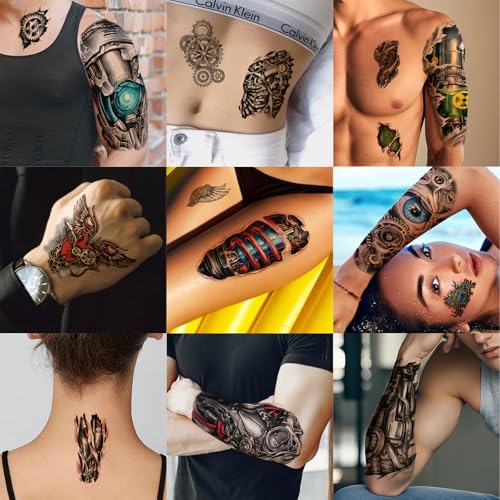 48 Sheets Mechanical Style Full Arm Sleeve Temporary Tattoos for Men Kids, Fake Tattoos Body Shoulder Arm Hand Stickers Waterproof