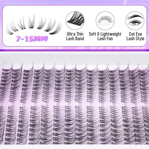 Wispy Lash Extension Kit Natural Lash Clusters Kit DIY Eyelash Extensions Kit 252 pcs Individual Lashes Clusters Wispy Eyelash Clusters with Lash Bond and Seal at Home Cat Eye Cluster