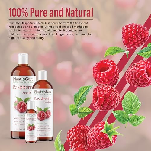 Plant Guru Red Raspberry Seed Oil 8 fl. oz. Cold Pressed Unrefined 100% Pure & Natural Carrier ? Ideal for Skin, Face, Body, and Hair Moisturizer. Great for DIY Soap, Creams, Lotions, and Lip Balms.