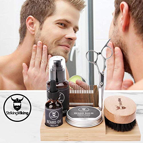 Striking Viking Bamboo Beard Kit for Men - 7.3 in x 4.5 in x 1 in - Portable Grooming Caddy Organizer for Beard Balm & Oil Products - With Scissors & Comb Brush Holder