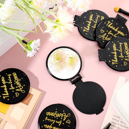 Huwena 100 Pcs Compact Mirror Bulk Inspirational Pocket Small Round Portable Folding Makeup Purse Mirror Employee Appreciation Gifts for Christmas Women Girls Coworkers Travel(Black,Thank)