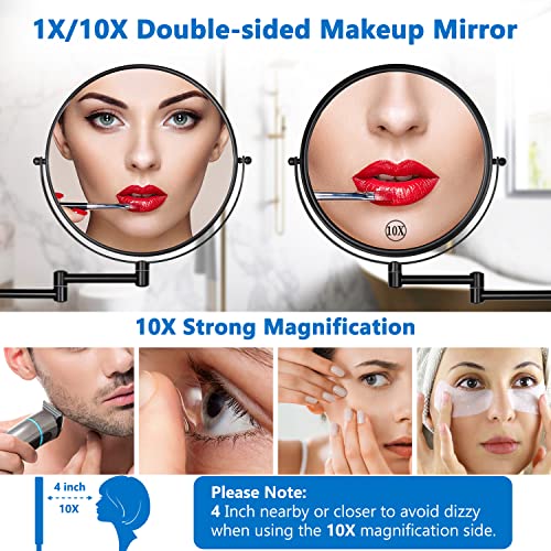 DECLUTTR 9 Inch Large Wall Mounted Makeup Mirror, 1X/10X Magnifying Mirror Double-Sided, 360¡Æ Swivel Extendable Makeup Mirror for Bathroom, Black