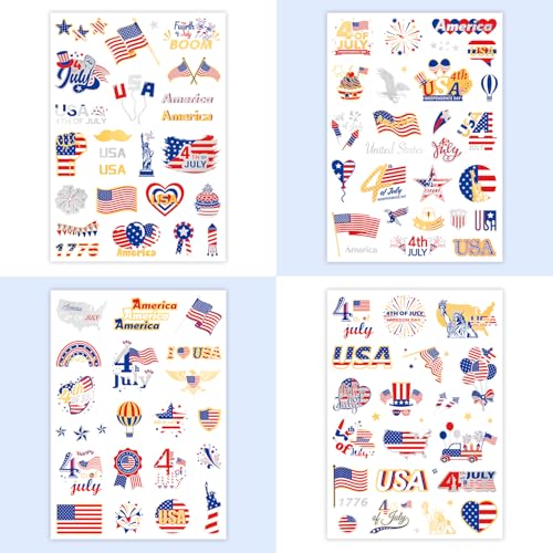 4th Of July Temporary Tattoos, America Flag, USA, Patriotic, July 4th, Independence Day, Red White Blue Accessories Decorations For Party 4 Sheets