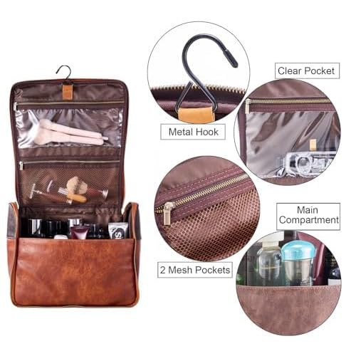 EURYNOME Hanging Toiletry Bag for Women and Men, Large PU Leather Toiletries Organizer, Water-resistant Bathroom Shaving Kit for Cosmetics, Makeup Case