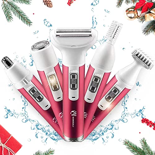 Electric Razor for Women,5 in 1 Womens Shaver Electric Bikini Trimmer Pubic Hair Removal Wet & Dry Painless Shaver for Legs Underarms Eyebrow Face Nose and Bikini Line Razor (Red)