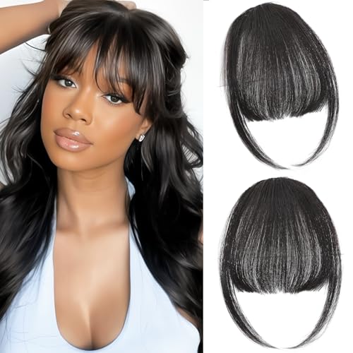 Clip in Bangs 100% Real Human Hair, Wispy Bangs Hair Clip, Fake Bang Fringe with Temples Hairpieces for Women Daily Wear (Natural Black, Wispy Bangs)