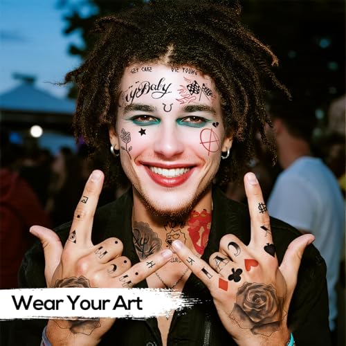 4-Sheet Rapper-Inspired Temporary Tattoos - Face & Body Hip-Hop Tattoo Stickers for Men, Women and Kids - Waterproof Fake Tattoos for Cosplay, Halloween, and Parties