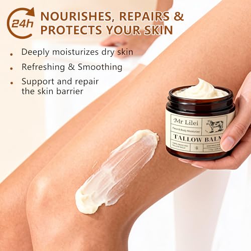 Beef Tallow for Skin, Grass-Fed Beef Tallow Balm, Beef Tallow Cream, Face & Body Moisturizer Restores Skin Barrier, Soothes Dry Sensitive Skin, Beef Tallow Honey Balm Whipped with Beeswax & Olive Oil