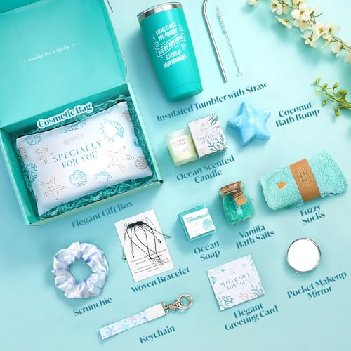 Briney Valentines Day Gifts for Women, Spa & Personal Care Package, Bath and Body Basket Set, Unique Relaxing Ocean Themed Present for Mom Wife Sister Best Friend