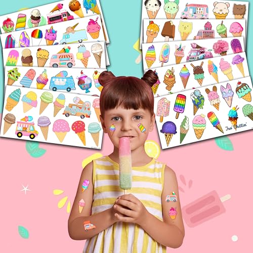Ice Cream Temporary Tattoos 10 Sheets 120 PCS Ice Cream Cone Party Decorations Favors Supplies Sweet Theme Birthday Cute Stickers Christmas Gifts for Boys Girls Class School Prizes Carnival