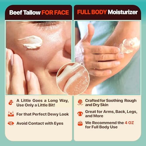 Beef Tallow for Skin - Moisturizer Cream - 100% Grass Fed - Whipped Beef Tallow - Manuka Honey - Organic Jojoba Oil, Shea Butter - Supports Eczema, Rosacea - USA - Fragrence Free - 4 oz