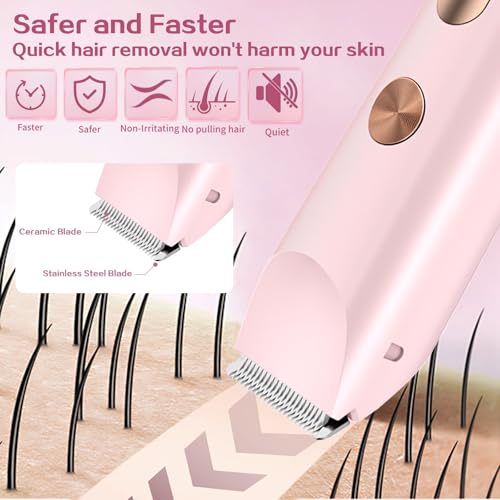 2 in 1 Bikini Trimmer for Women, Dual Head Electric Shaver with LED Display, IPX7 Waterproof Body Pubic Hair Trimmer Rechargeable Womens Electric Razor for Armpit Leg Body Facial Wet & Dry Use