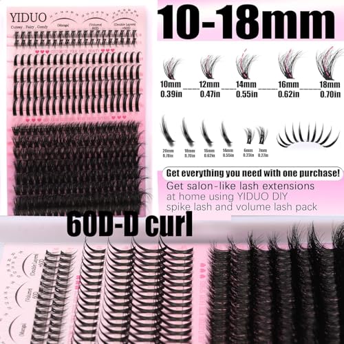 60D Volume Lash Clusters Kit with Long 14-16mm Lashes Spikes+Bottom Clusters Eyelash Extension Kit 280Pcs D-curly Wispy Individual Lash Extensions Kit DIY Spiky Lash Bond and Seal by YIDUO