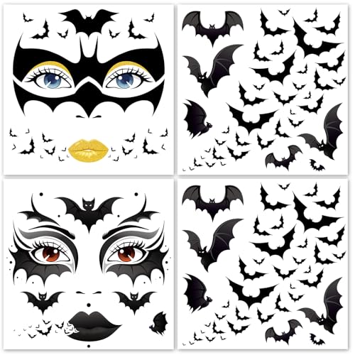 HOWAF 4 Sheets Halloween Bat Face Tattoos, Halloween Bats Tattoos Sticker for Hallows' Eve Masquerade Halloween Cosplay Raves Costume Accessories, Flaying Black Bat Temporary Tattoos Sheets