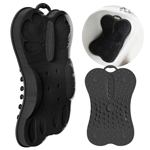 Back Scrubber Shower Bathtub Tub Body Bath Cushion Back Lumbar Support - Silicone Ergonomic Extra Large Thick Soft Seat Paded Non-Slip Suction Cups Relaxing Spa Exfloating Scrubber Mat Black
