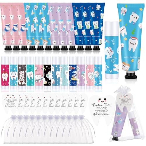 Loopeer 24 Sets Dental Hygiene Gifts Oral Health Day Dental Assistant Gifts Hygienist Appreciation Gift Moisturizing Lip Balm Hand Cream Dentist Thank You Gift with Cards Organza Bags for Nurse Week