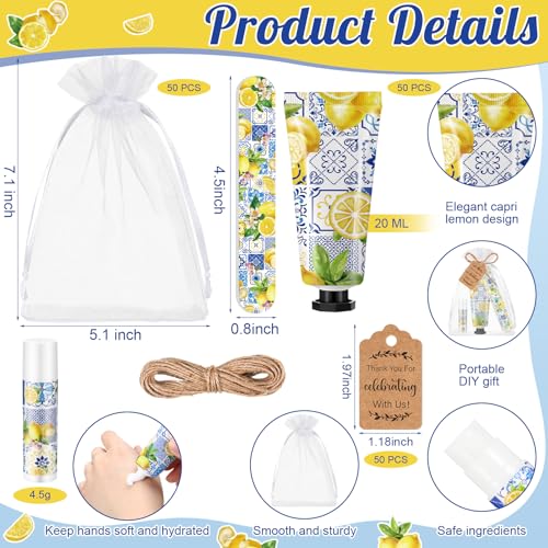 Leelosp 50 Sets Capri Lemon Hand Cream and Lip Balm Nail File Gift Bulk Summer Lemon Party Favors Wedding Favor for Guest Travel Size Hand Lotion Lip Balm Gifts Set Bridal Baby Shower Birthday