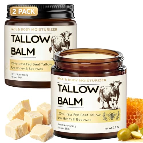 Veakoo Beef Tallow for Skin, 2 Pcs Grass Fed Tallow and Honey Balm, Organic Tallow Face Moisturizer, Natural Moisturizing Cream for Women Men, Body Butter, Nourish and Soothe Dry Skin