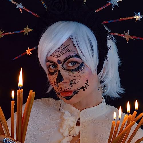 Day of the Dead Face Tattoos - 10 Sheets Halloween Temporary Tattoos Face Stickers Kit D?a de Los Muertos Glitter Red Roses Skeleton Sugar Skull Fake Tattoo for Halloween Makeup on Face Body