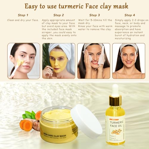 Turmeric Clay Mask & Serum Skincare Kit, Vitamin C Deep Cleansing Overnight Face Mask for Pores, Turmeric Face Oil for Dry Skin