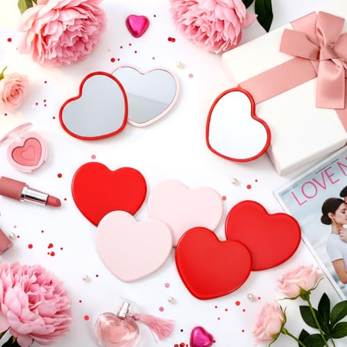 Weysat 50 Pcs Heart Compact Mirror Bulk for Purse Valentine Gifts Red Pink Mini Magnifying Small Pocket Folding Mirror for Women Travel Makeup Cosmetic Portable Accessory