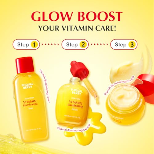 EQQUALBERRY Vitamin Illuminating Skincare Set ? Toner + Serum + Cream | Vitamin C & Niacinamide | Targets Dark Spots | Ceramides for Skin Barrier | Lightweight, Glowy Hydration